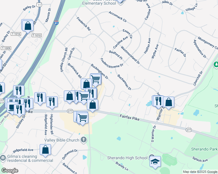 map of restaurants, bars, coffee shops, grocery stores, and more near 246 Nottoway Drive in Stephens City