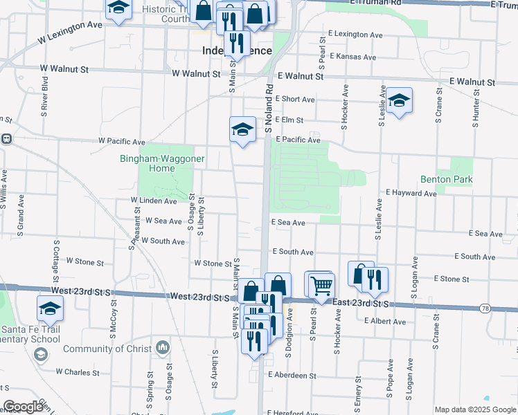 map of restaurants, bars, coffee shops, grocery stores, and more near 802 South Noland Road in Independence