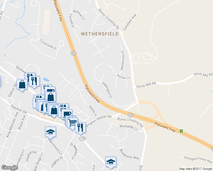 map of restaurants, bars, coffee shops, grocery stores, and more near Sappington Drive in Gambrills