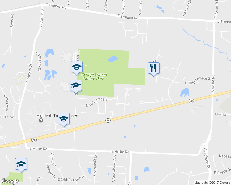 map of restaurants, bars, coffee shops, grocery stores, and more near 1910 South Arrowhead Court in Independence