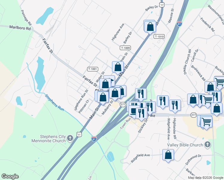 map of restaurants, bars, coffee shops, grocery stores, and more near 5372 Main Street in Stephens City