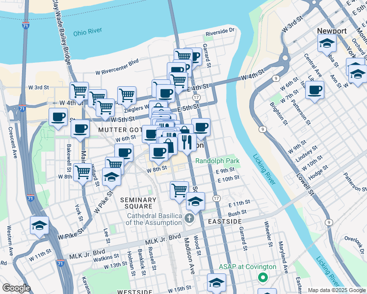 map of restaurants, bars, coffee shops, grocery stores, and more near in Covington