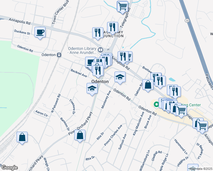 map of restaurants, bars, coffee shops, grocery stores, and more near Odenton Road in Odenton
