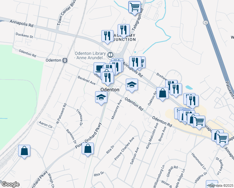 map of restaurants, bars, coffee shops, grocery stores, and more near Odenton Road in Odenton