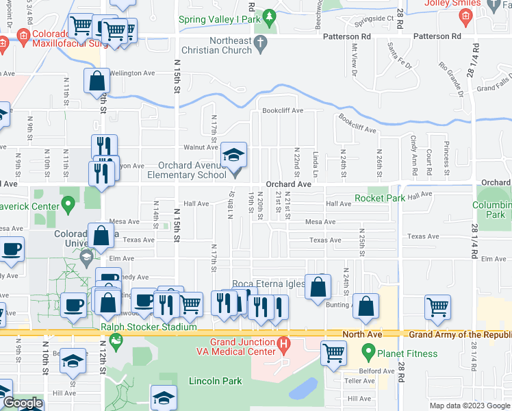 map of restaurants, bars, coffee shops, grocery stores, and more near 1736 19th Street in Grand Junction