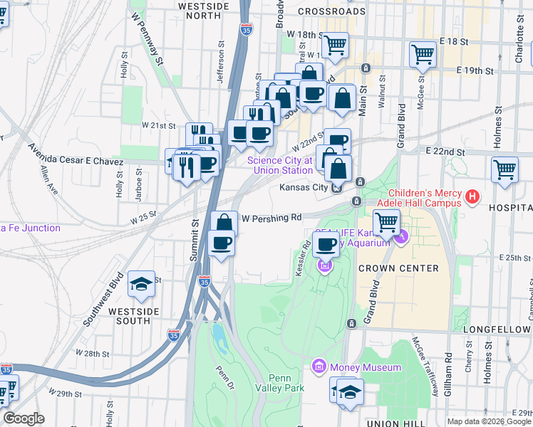 map of restaurants, bars, coffee shops, grocery stores, and more near 400 West Pershing Road in Kansas City
