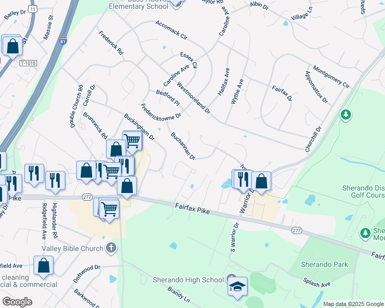 map of restaurants, bars, coffee shops, grocery stores, and more near 121 Buchannan Drive in Stephens City