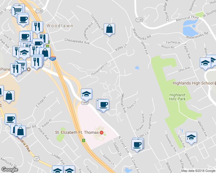 map of restaurants, bars, coffee shops, grocery stores, and more near 260 Little Round Top Rd in Fort Thomas