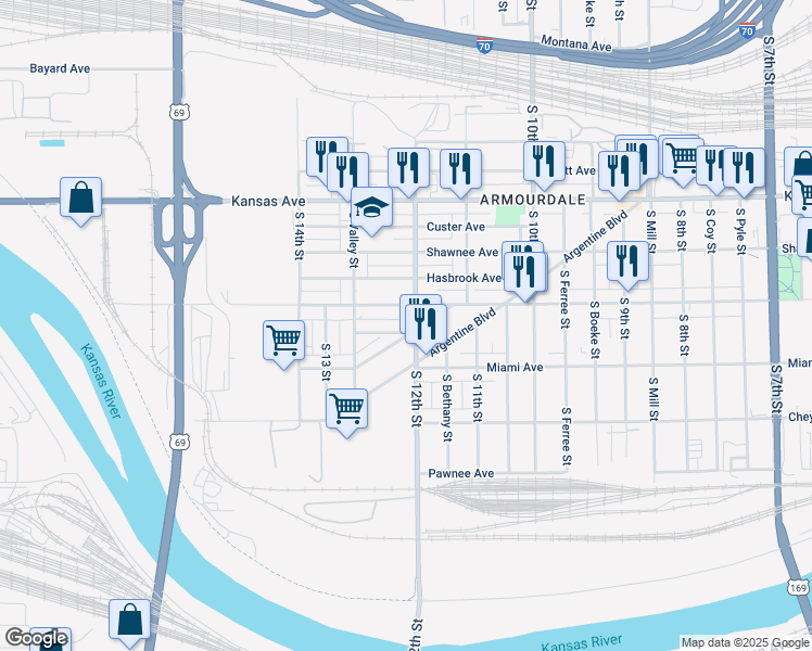 map of restaurants, bars, coffee shops, grocery stores, and more near 1221 Osage Avenue in Kansas City