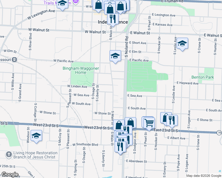 map of restaurants, bars, coffee shops, grocery stores, and more near 111 West Linden Avenue in Independence