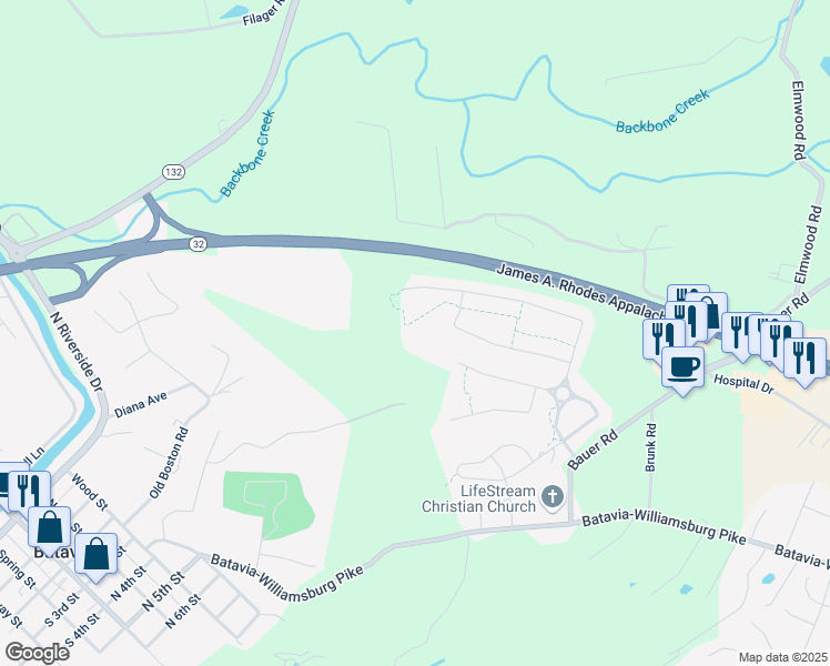 map of restaurants, bars, coffee shops, grocery stores, and more near 2110 Crossridge Drive in Batavia