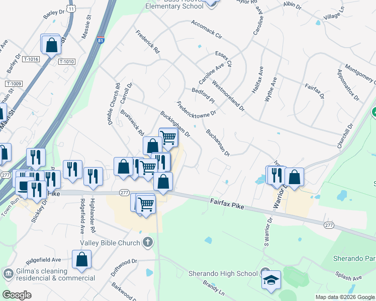 map of restaurants, bars, coffee shops, grocery stores, and more near 301 Nottoway Drive in Stephens City