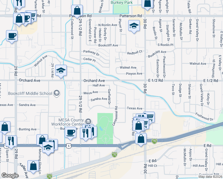 map of restaurants, bars, coffee shops, grocery stores, and more near 544 Garfield Drive in Grand Junction