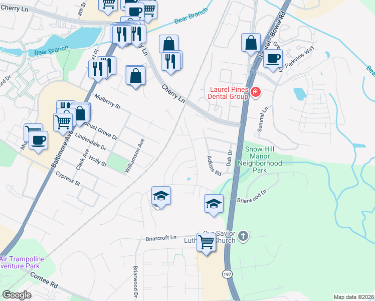 map of restaurants, bars, coffee shops, grocery stores, and more near 8801 Hawthorne Lane in Laurel
