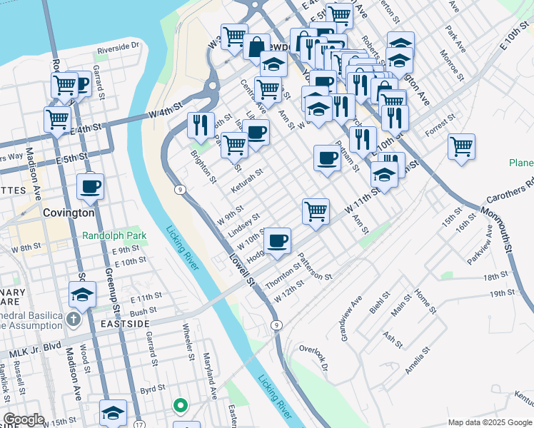 map of restaurants, bars, coffee shops, grocery stores, and more near 337 Lindsey Street in Newport