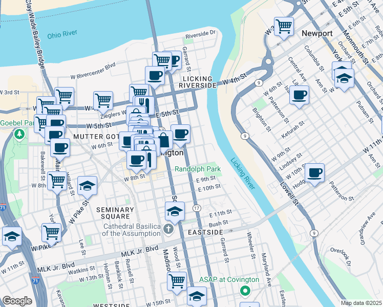 map of restaurants, bars, coffee shops, grocery stores, and more near 627 Greenup Street in Covington