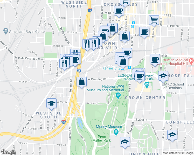 map of restaurants, bars, coffee shops, grocery stores, and more near 400 West Pershing Road in Kansas City