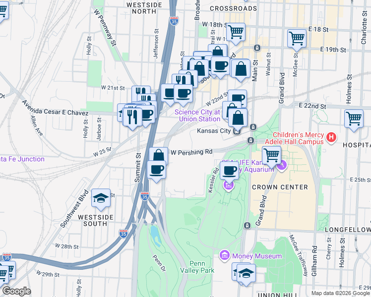 map of restaurants, bars, coffee shops, grocery stores, and more near 400 West Pershing Road in Kansas City