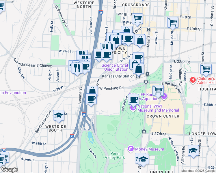 map of restaurants, bars, coffee shops, grocery stores, and more near 400 West Pershing Road in Kansas City