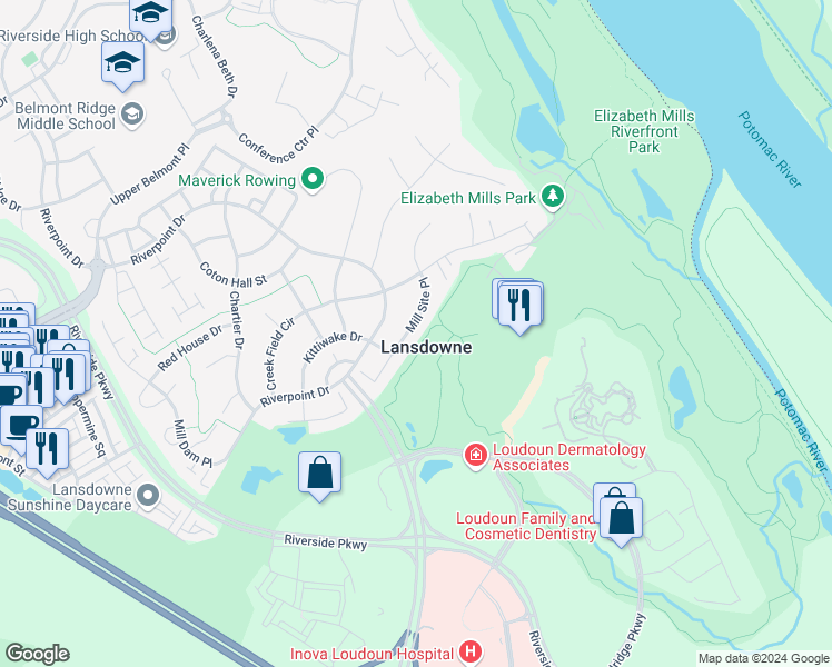 map of restaurants, bars, coffee shops, grocery stores, and more near 19242 Mill Site Place in Leesburg
