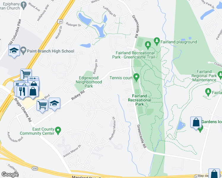 map of restaurants, bars, coffee shops, grocery stores, and more near 14006 Daleshire Way in Burtonsville