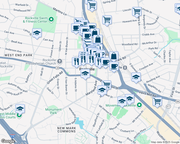 map of restaurants, bars, coffee shops, grocery stores, and more near 27 Courthouse Square in Rockville
