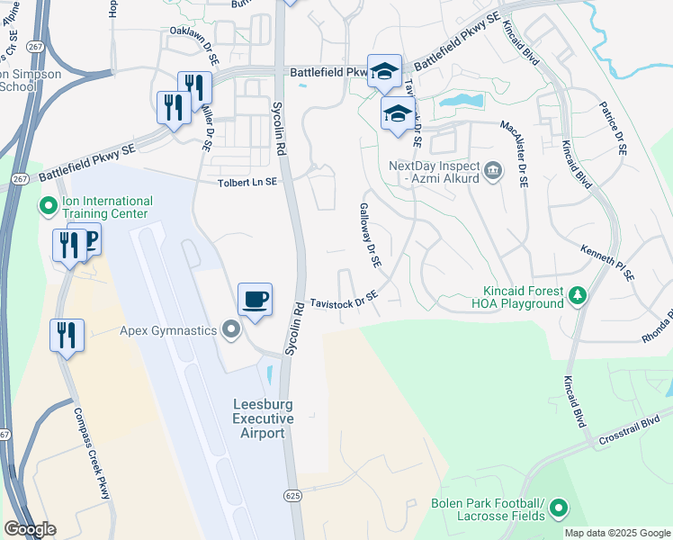 map of restaurants, bars, coffee shops, grocery stores, and more near 865 Tall Oaks Square Southeast in Leesburg