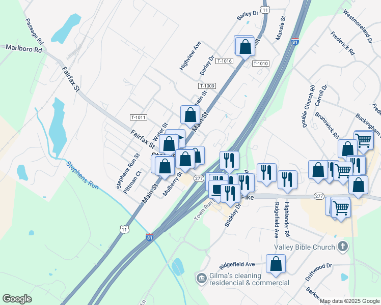 map of restaurants, bars, coffee shops, grocery stores, and more near 5357 Mulberry Street in Stephens City