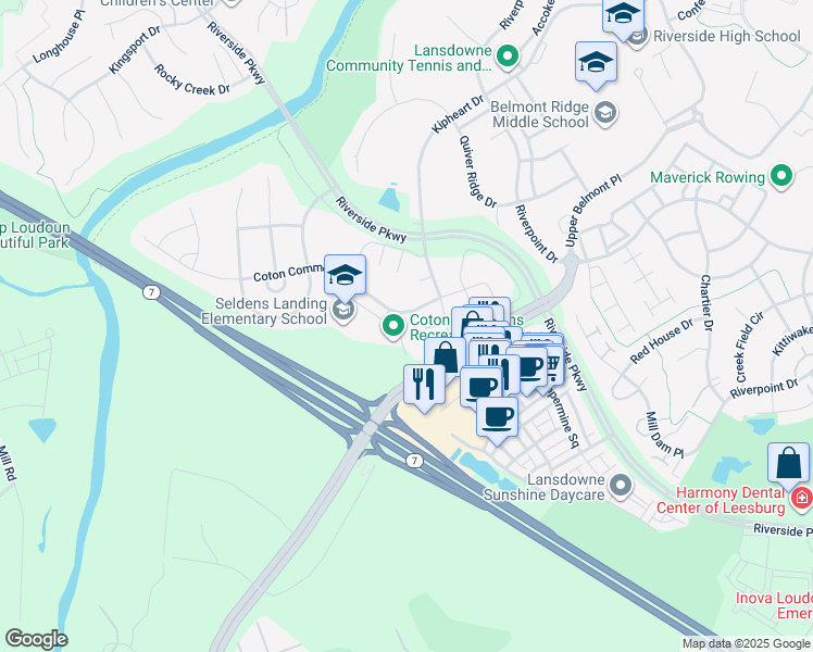 map of restaurants, bars, coffee shops, grocery stores, and more near 19244 Snider House Court in Leesburg