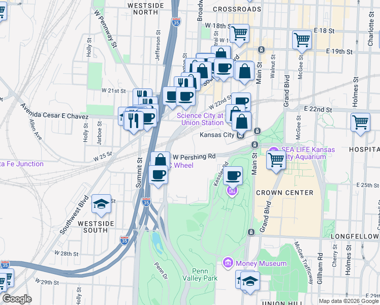 map of restaurants, bars, coffee shops, grocery stores, and more near 400 West Pershing Road in Kansas City
