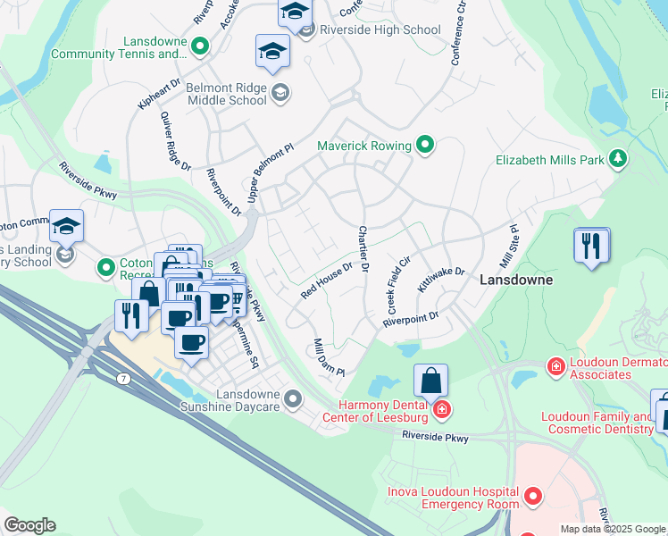 map of restaurants, bars, coffee shops, grocery stores, and more near 43716 Red House Drive in Leesburg