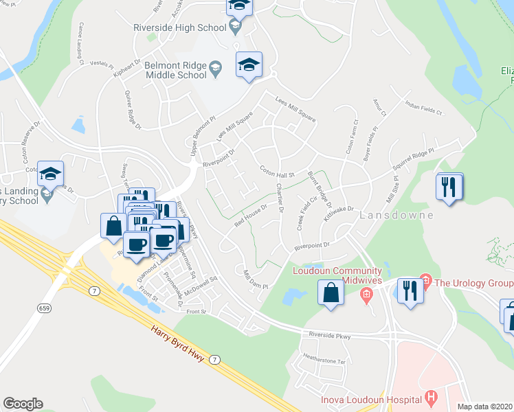 map of restaurants, bars, coffee shops, grocery stores, and more near 43716 Red House Drive in Leesburg