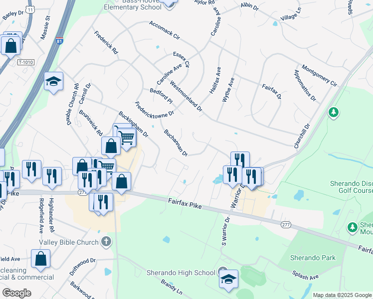 map of restaurants, bars, coffee shops, grocery stores, and more near 121 Buchannan Drive in Stephens City