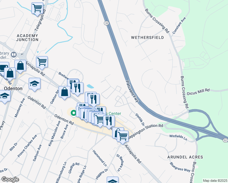 map of restaurants, bars, coffee shops, grocery stores, and more near 718 Lions Gate Lane in Odenton