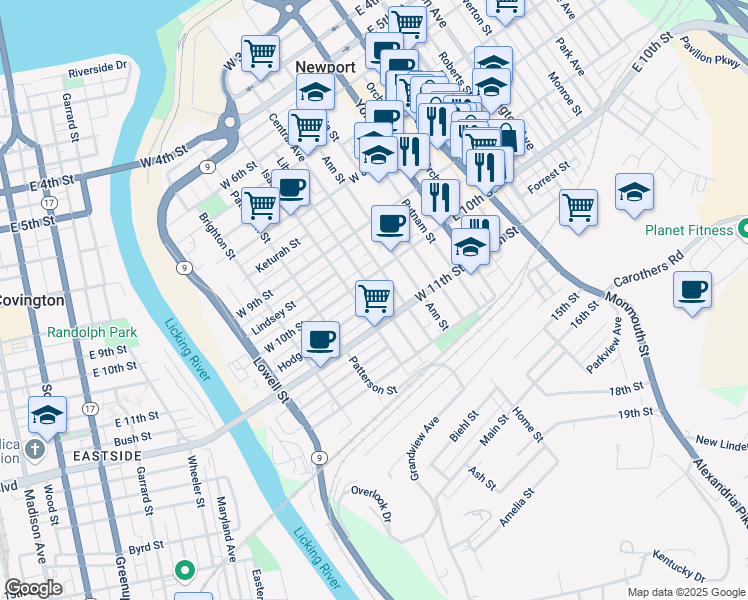 map of restaurants, bars, coffee shops, grocery stores, and more near 1017 Liberty Street in Newport