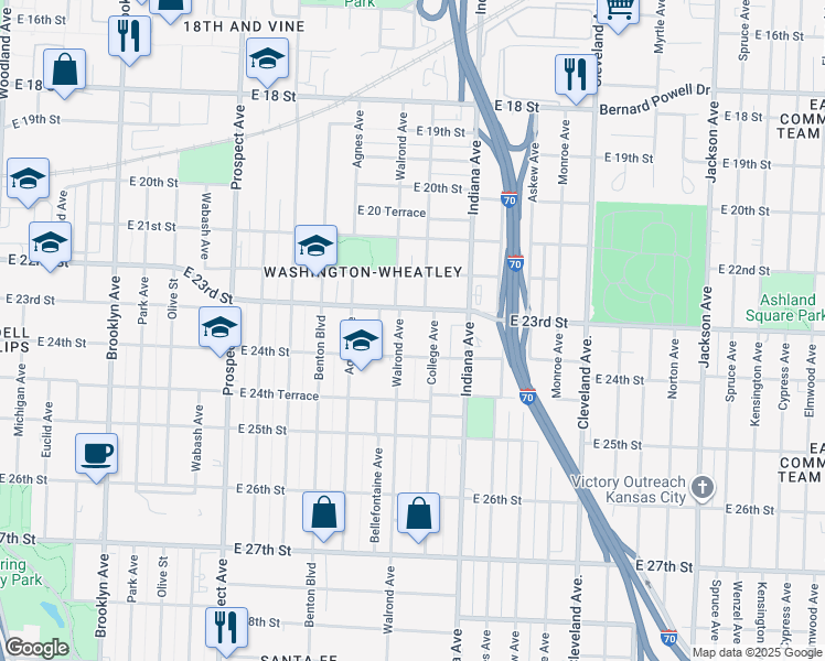 map of restaurants, bars, coffee shops, grocery stores, and more near 2315 Walrond Avenue in Kansas City
