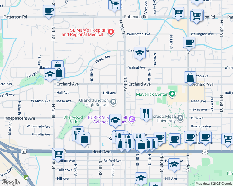 map of restaurants, bars, coffee shops, grocery stores, and more near 1801 North 6th Street in Grand Junction
