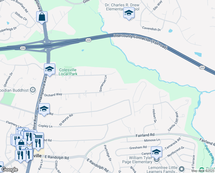 map of restaurants, bars, coffee shops, grocery stores, and more near 1006 Orchard Way in Silver Spring