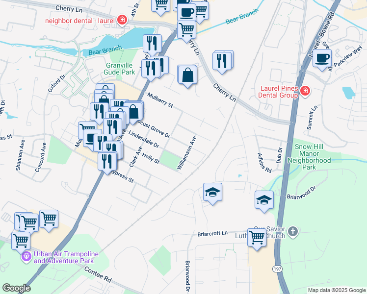map of restaurants, bars, coffee shops, grocery stores, and more near 8615 Locust Grove Drive in Laurel