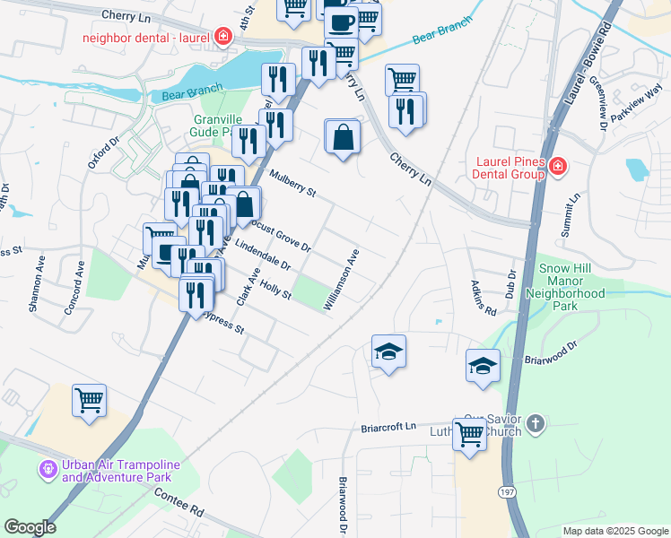 map of restaurants, bars, coffee shops, grocery stores, and more near 8615 Locust Grove Drive in Laurel