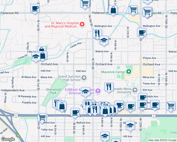 map of restaurants, bars, coffee shops, grocery stores, and more near 611 Hall Avenue in Grand Junction