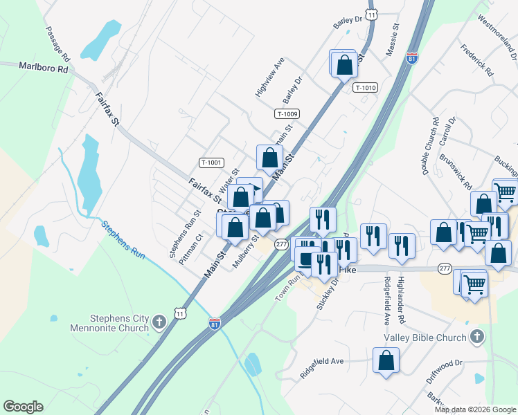 map of restaurants, bars, coffee shops, grocery stores, and more near in Stephens City