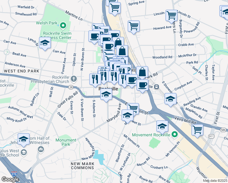 map of restaurants, bars, coffee shops, grocery stores, and more near 27 Courthouse Square in Rockville