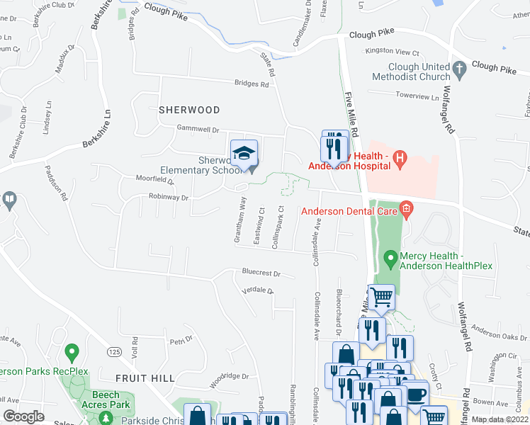 map of restaurants, bars, coffee shops, grocery stores, and more near 1716 Eastwind Court in Cincinnati