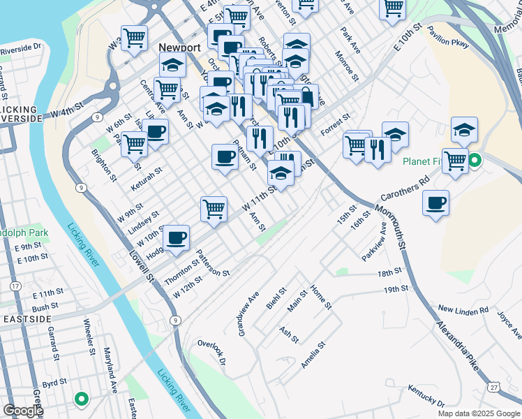 map of restaurants, bars, coffee shops, grocery stores, and more near 1111 Columbia Street in Newport