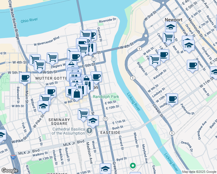 map of restaurants, bars, coffee shops, grocery stores, and more near 703 Garrard Street in Covington