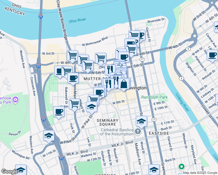map of restaurants, bars, coffee shops, grocery stores, and more near 121 West 6th Street in Covington