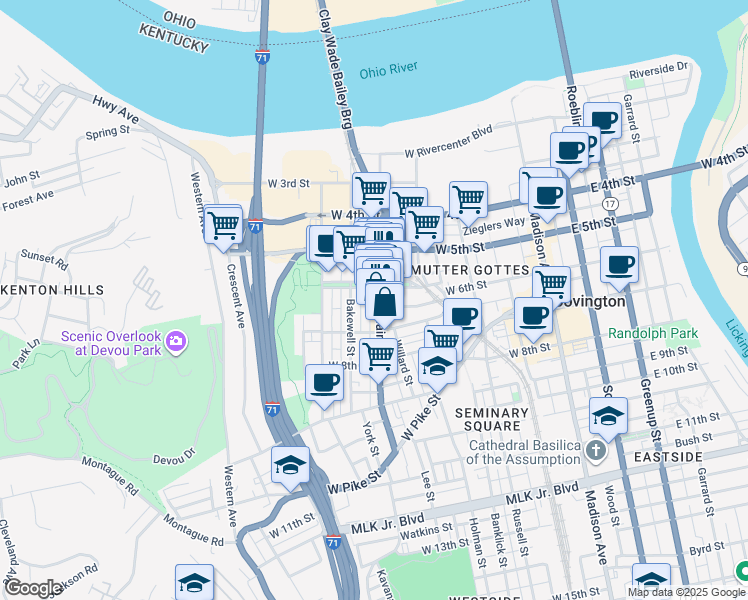 map of restaurants, bars, coffee shops, grocery stores, and more near 601 Main Street in Covington