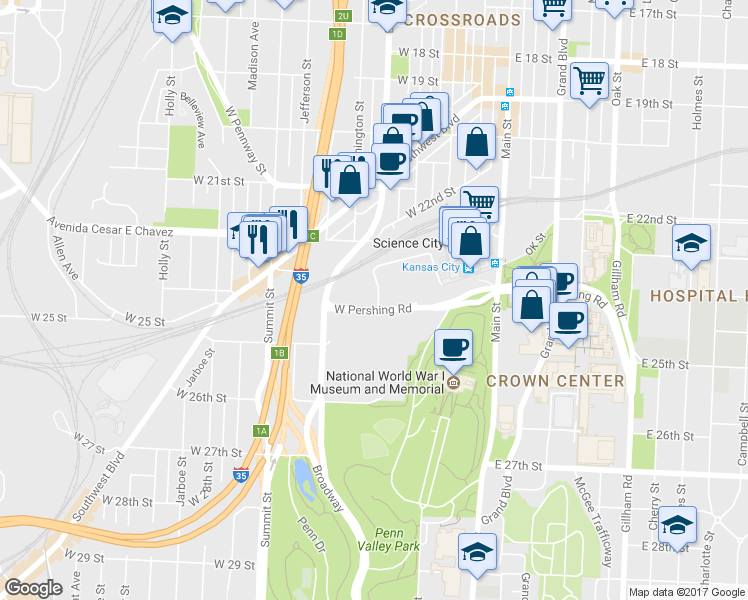 map of restaurants, bars, coffee shops, grocery stores, and more near 400 West Pershing Road in Kansas City