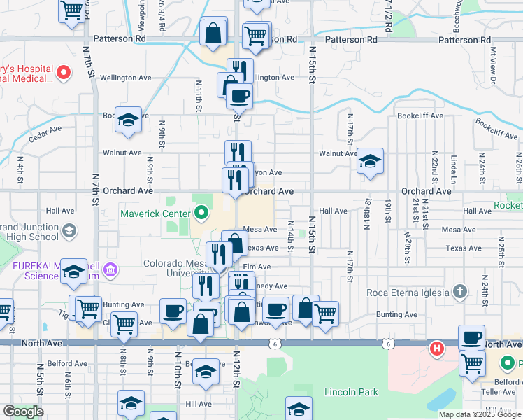 map of restaurants, bars, coffee shops, grocery stores, and more near 1834 North 12th Street in Grand Junction